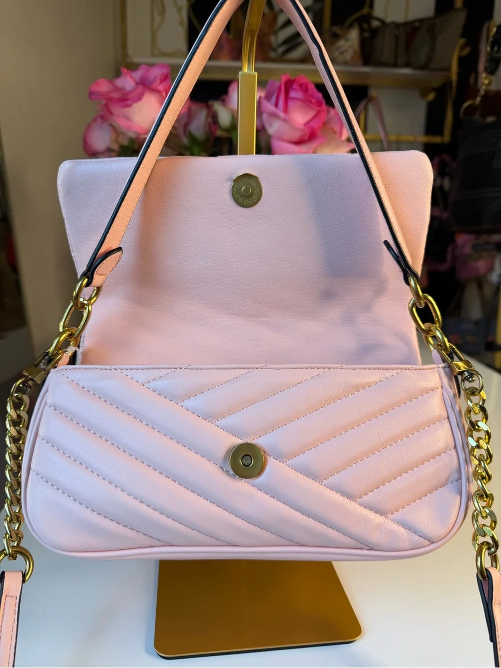 Tory Burch Kira Chevron Small Flap Pink Gold Shoulder Bag Logo 💕🛍️